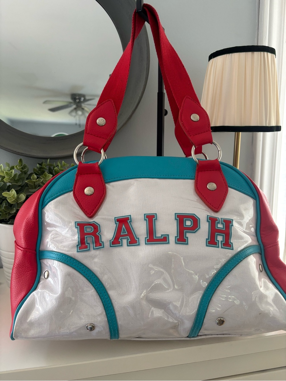 Small Duffle style shoulder Bag in Red, Teal & White